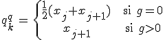 q_k^q\,=\,\{\array{\frac{1}{2}(x_j+x_{j+1}) \ \ &{\rm si }g=0\\ x_{j+1} \ \ &{\rm si }g>0}